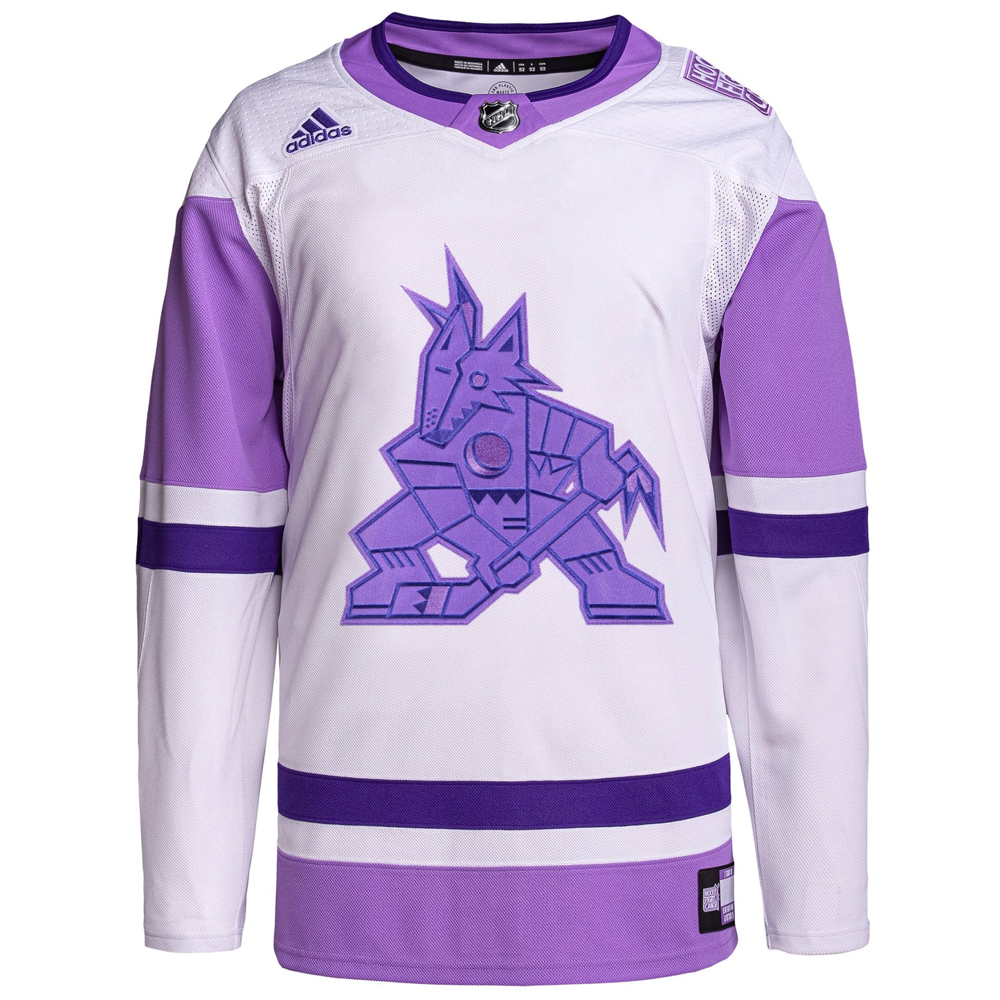 Arizona Coyotes adidas Hockey Fights Cancer Primegreen Authentic Blank Practice Jersey - White/Purple